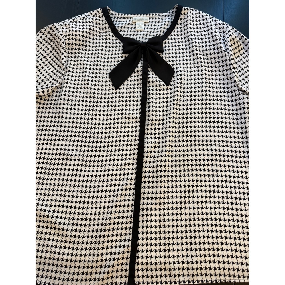 Maggie Barnes Houndstooth Bow Blouse Womens Size 28 Button-Down Holiday Office - Picture 6 of 13